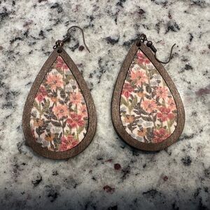 Boho Floral Teardrop Earrings | Wood & Vintage Floral Lightweight Dangles